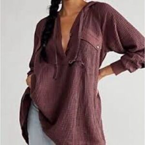 Free People Chill Mood Lightweight Oversized Waffle Hoodie Pullover in Plum S